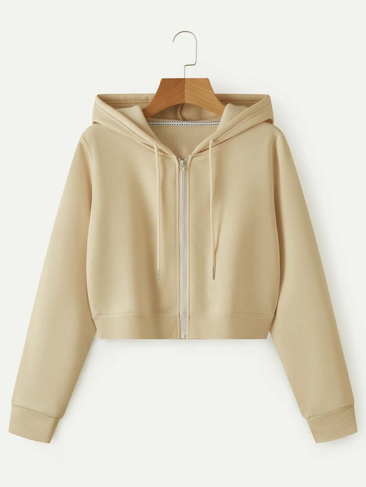 Solid Zip-Up Drawstring Crop Thermal Hoodie