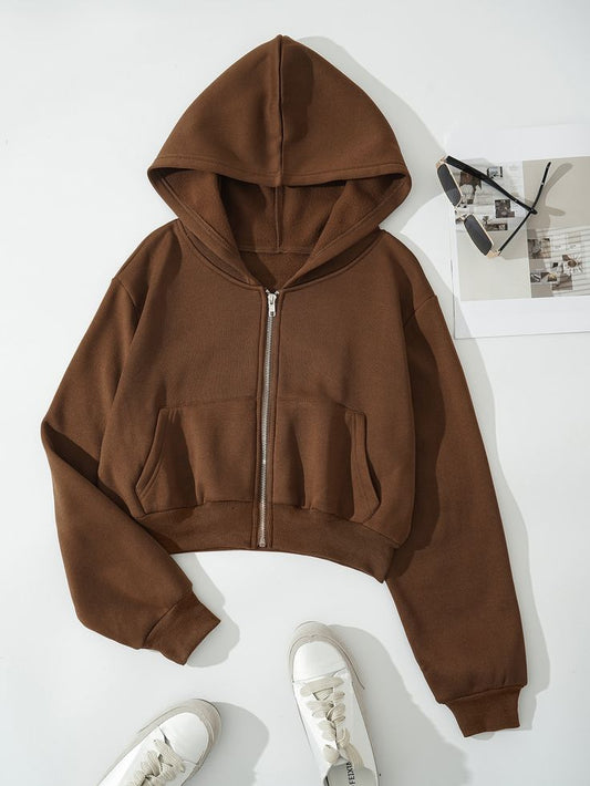 Solid Zip-Up Drop Shoulder Thermal Lined Crop Hoodie